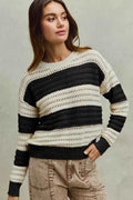 SO ME Textured Sweater Wide Stripe Cream Black Openwork Round Neck Top CREAM BLACK ec0e15f6-5e0f-4dc5-8b04-b18d1a0277ba-Max-Origin Trendsi
