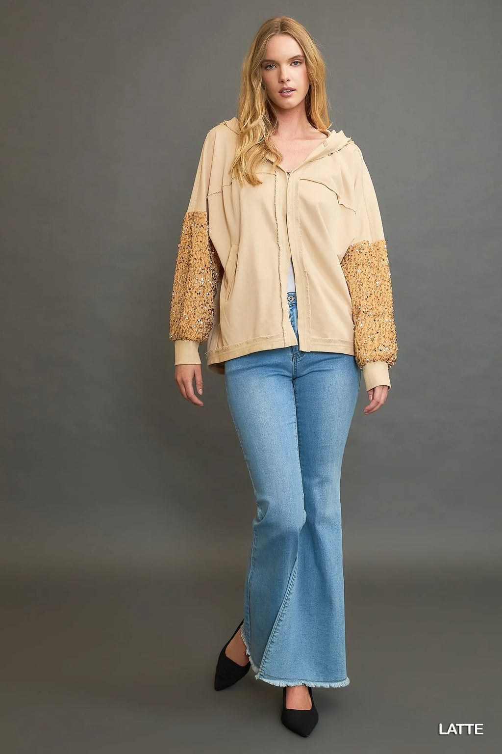 Umgee Sequined Jacket French Terry Latte Color Hooded Oversized Outwear ec0ec1df-1501-4dd9-903a-3769f82b3493-Max-Origin Trendsi