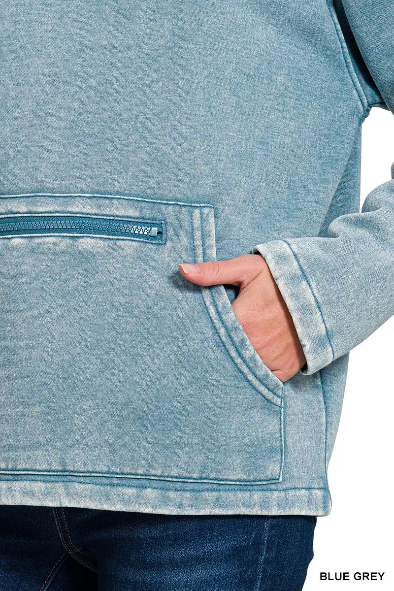 Zenana Women's Sweatshirt Fleece Blue Gray Washed High Neck Kangaroo Pocket ec14809d4d3f4497aa21b613ff393bfb-Max-Origin Trendsi