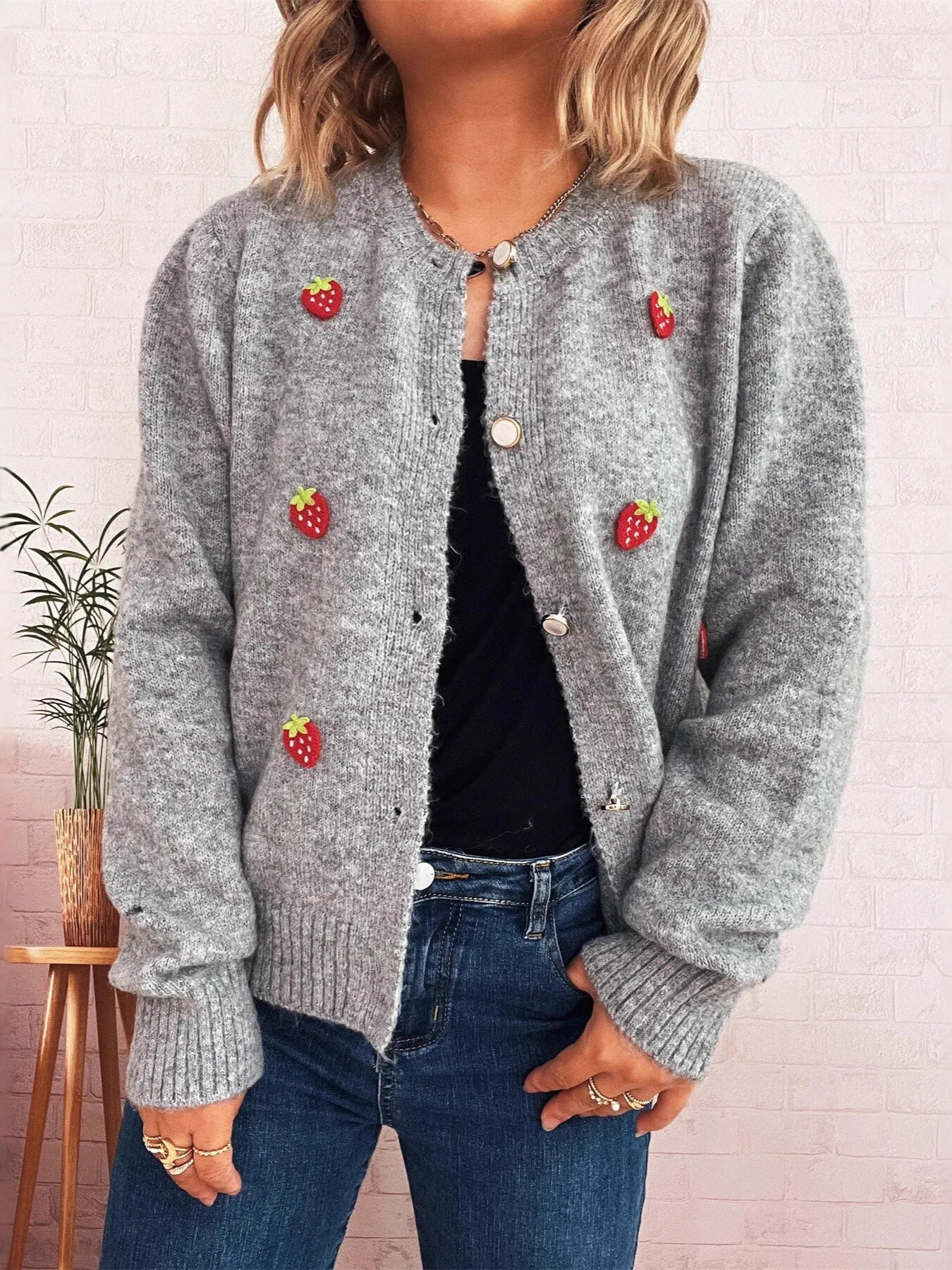 Women's Cardigan Strawberry Button Up Long Sleeve Soft Knit Gray One Size ec173ab0411a44358d7604d52110f07f-Max-Origin Trendsi