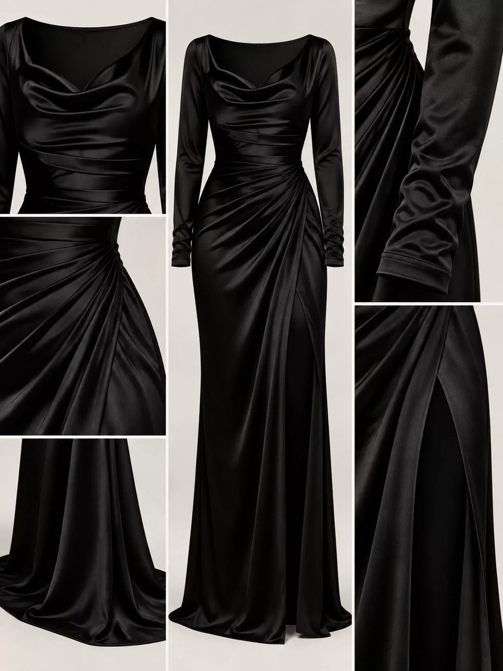 Detailaufnahme des schwarzen Satin-Kleides: Stoffglanz, Cowl-Drapierung und die Textur der gerafften Taille
