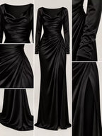 Detailaufnahme des schwarzen Satin-Kleides: Stoffglanz, Cowl-Drapierung und die Textur der gerafften Taille