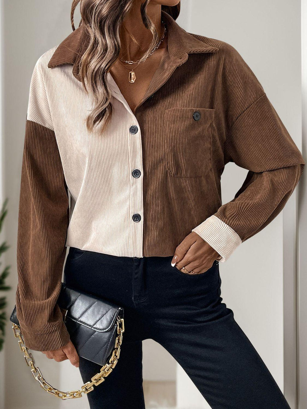 Perfee Pocketed Contrast Collared Neck Long Sleeve Shirt ec2ac668-c740-4e11-b6ad-4a70c661236b-Max Trendsi