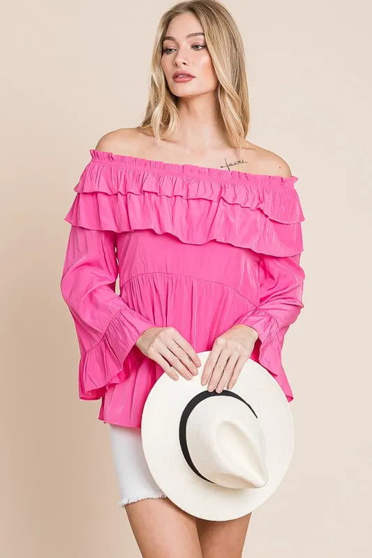 Lime 'N' Chili Ruffled Top Fuchsia Pink Trumpet Sleeve Off-The-Shoulder Blouse FUCHSIA ec2c8ecf04d144e5a727fdf6c253b073-Max-Origin Trendsi