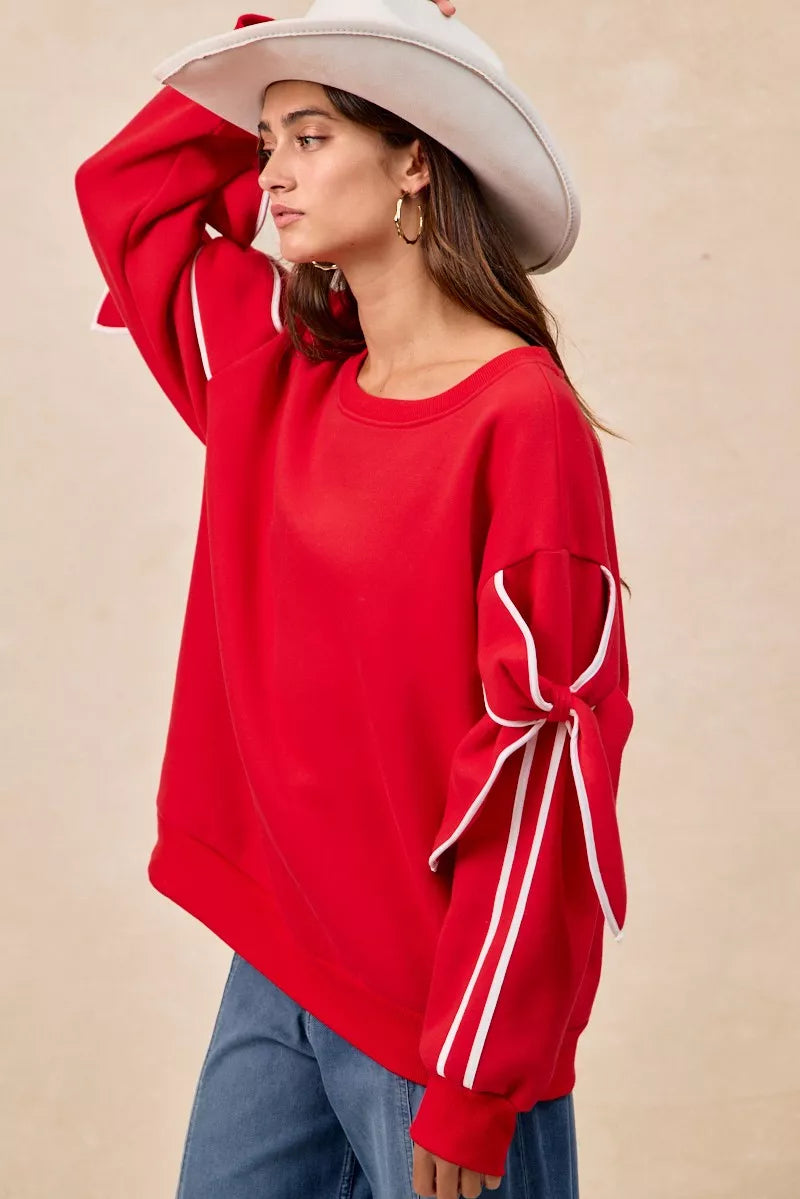 BiBi Fleece Sweatshirt Red Bow Detail Sleeves Womens Pullover ec2d41f0-8908-4de3-8bc1-93cf8fef76ab-Max-Origin Trendsi