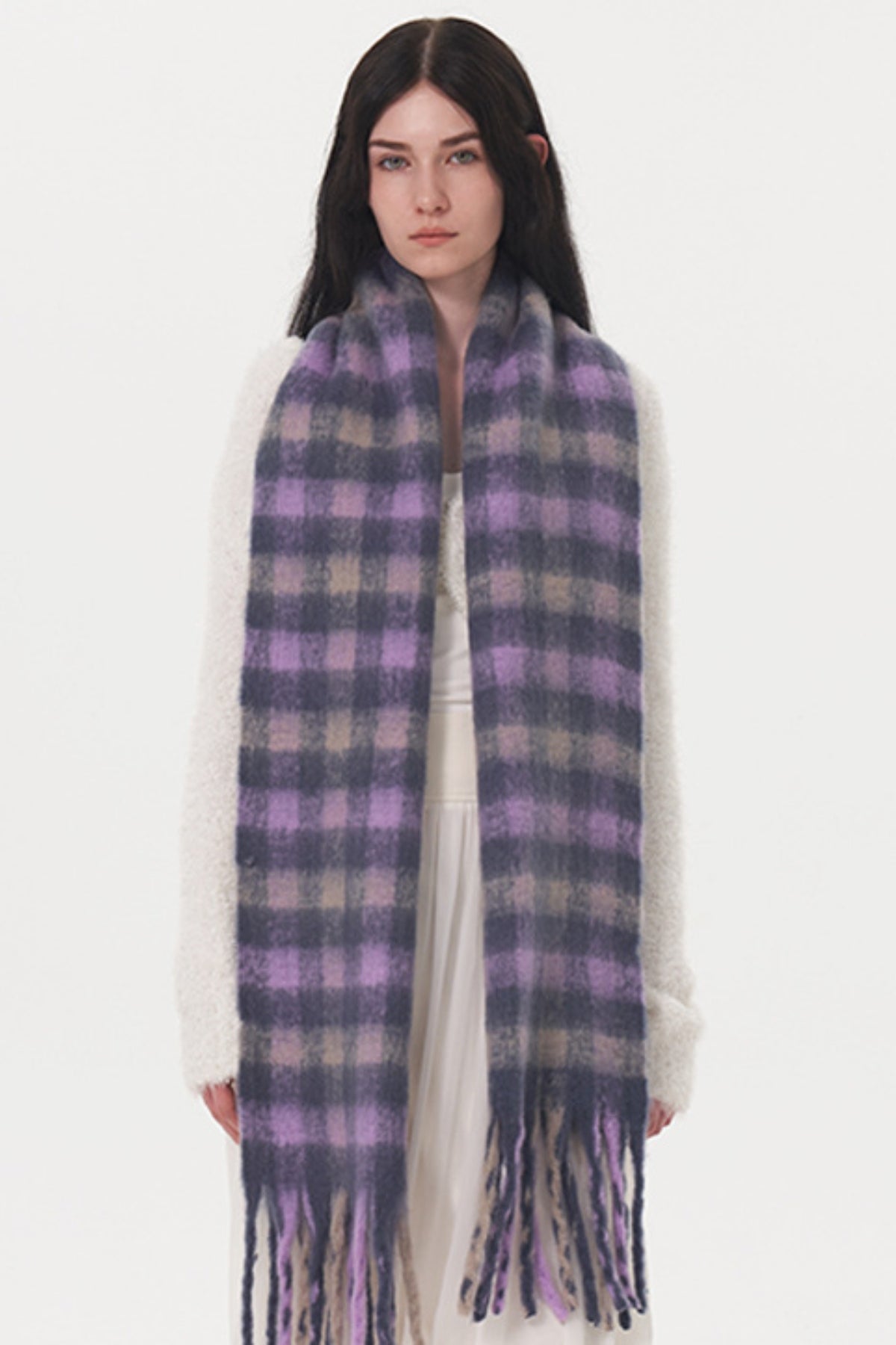 Women Scarf Lilac Plaid Fringe Polyester Tasseled Long Warm Accessories