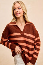 BiBi Womens Striped Sweater Top with Collar Stitched Details ec37b956af2d43fdb7800d8d217ed004-Max-Origin Trendsi