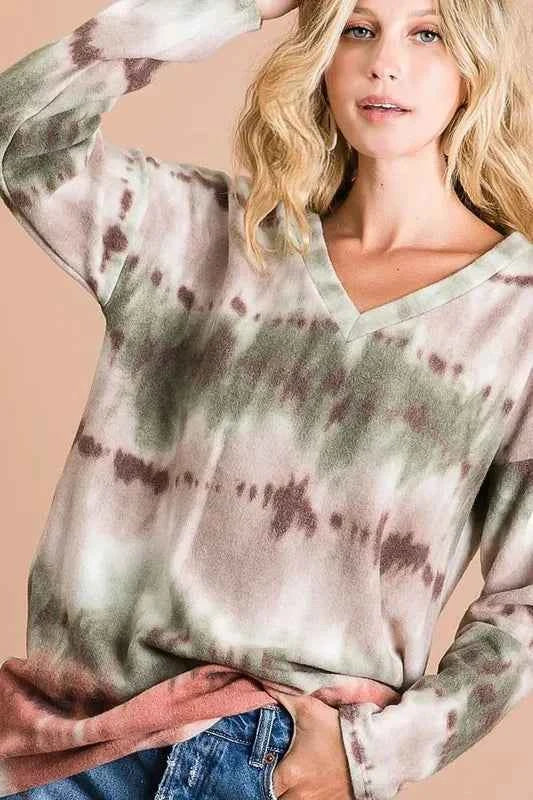 BiBi Brushed Tie Dye Looking Print V Neck Top