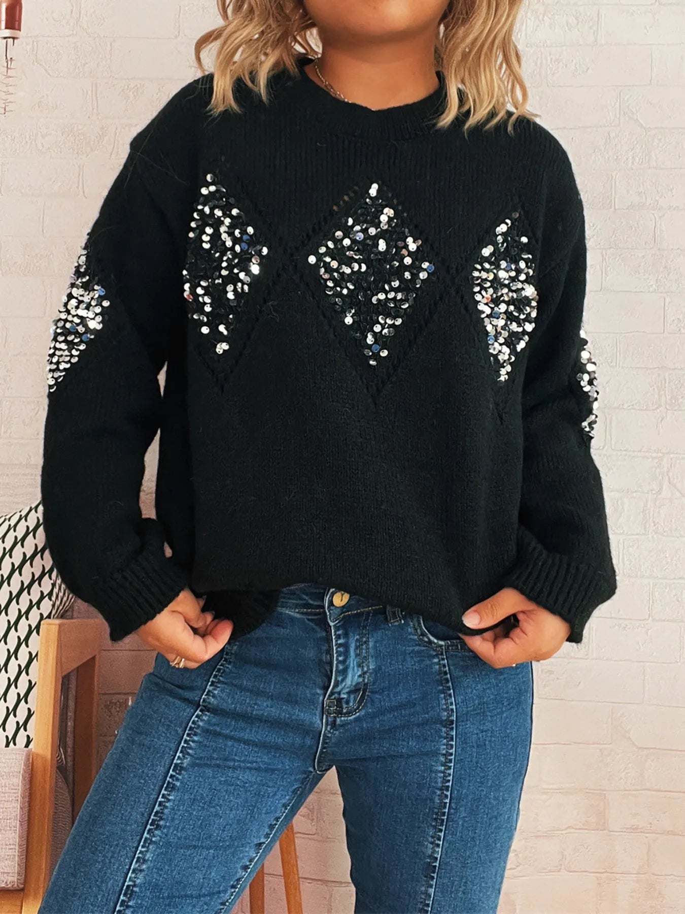 Women's Sweater Sequined Diamond Pattern Oversized Knitwear ec431c0926a640f789d721b24ee8eb84-Max-Origin Trendsi