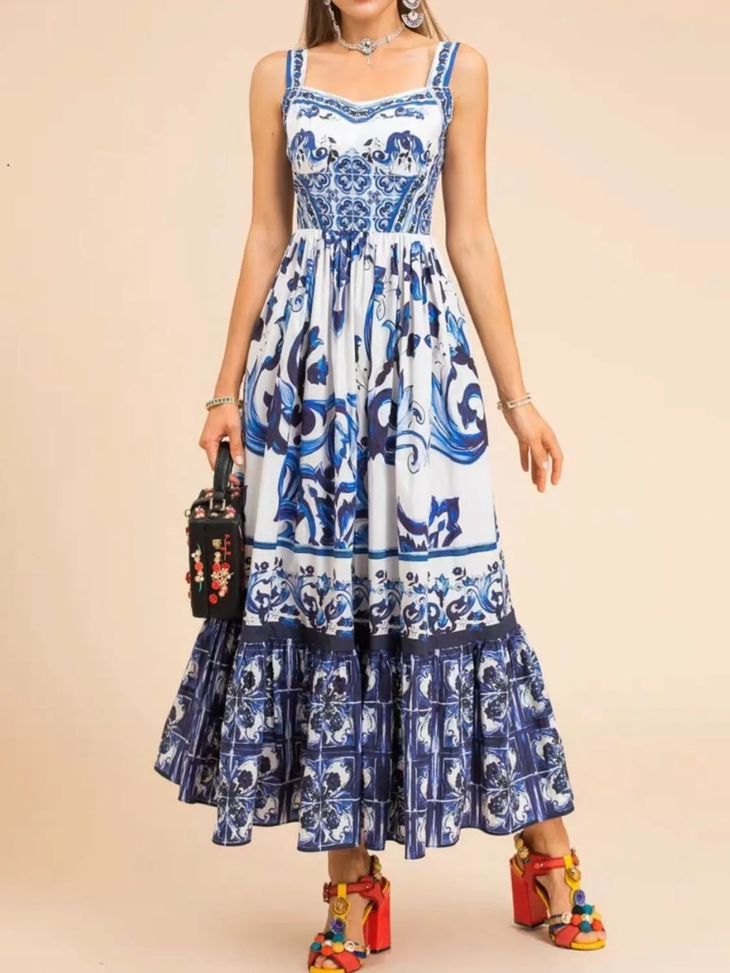 Midi Dress Smocked Printed Wide Strap Ruffled Zipper ec4e092c-cffb-4d2e-b22a-f4de2a7a8d39-Max-Origin Trendsi