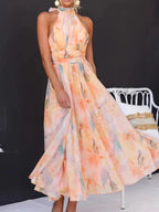 Midi Halter Dress Floral Coral Backless Summer Back Bow Tied ec50141e-6552-4c25-b3be-11d03e61bb0d-Max-Origin Trendsi