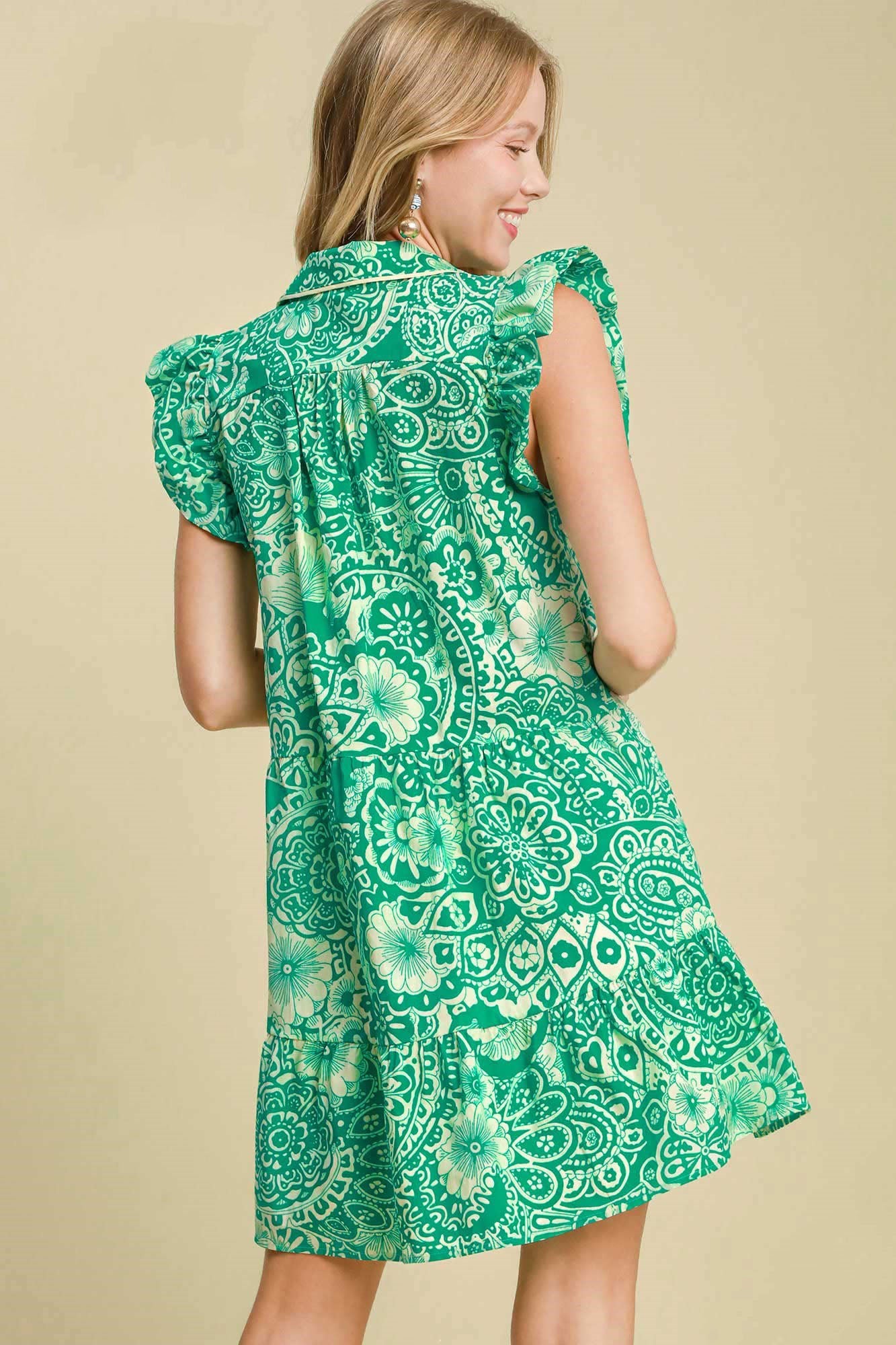 Umgee Babydoll Mini Dress Green Printed Ruffle Cap Short Sleeve ec50bc14-fd1f-4de2-bc5b-aee52d6fa1c0-Max Trendsi