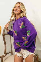 BiBi Sweatshirt Purple Mardi Gras Fleur De Lis Sequin Patches Long Sleeve Top ec531c73df684efd805d58737ccb67c5-Max-Origin Trendsi