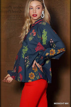 Umgee Womens Blouse Midnight Blue Floral Print Flounce Sleeve Ruffled ec5bf4af-cb14-45d6-a270-058a659e5753-Max-Origin Trendsi