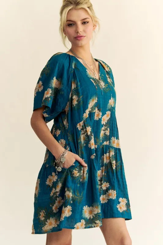 Davi & Dani Mini Dress Floral Print Teal Blue Short Bell Sleeve Pleated Pocketed ec61caf90daa48b59492088400137fd8-Max-Origin Trendsi