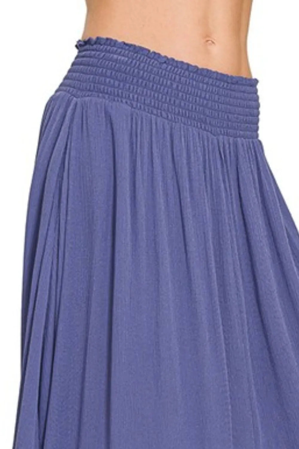 Zenana Midi Skirt Blue High-Low Woven Crinkle Smocked Waist With Pockets ec69c665-a1f3-4130-9130-8cea6421493d-Max-Origin Trendsi
