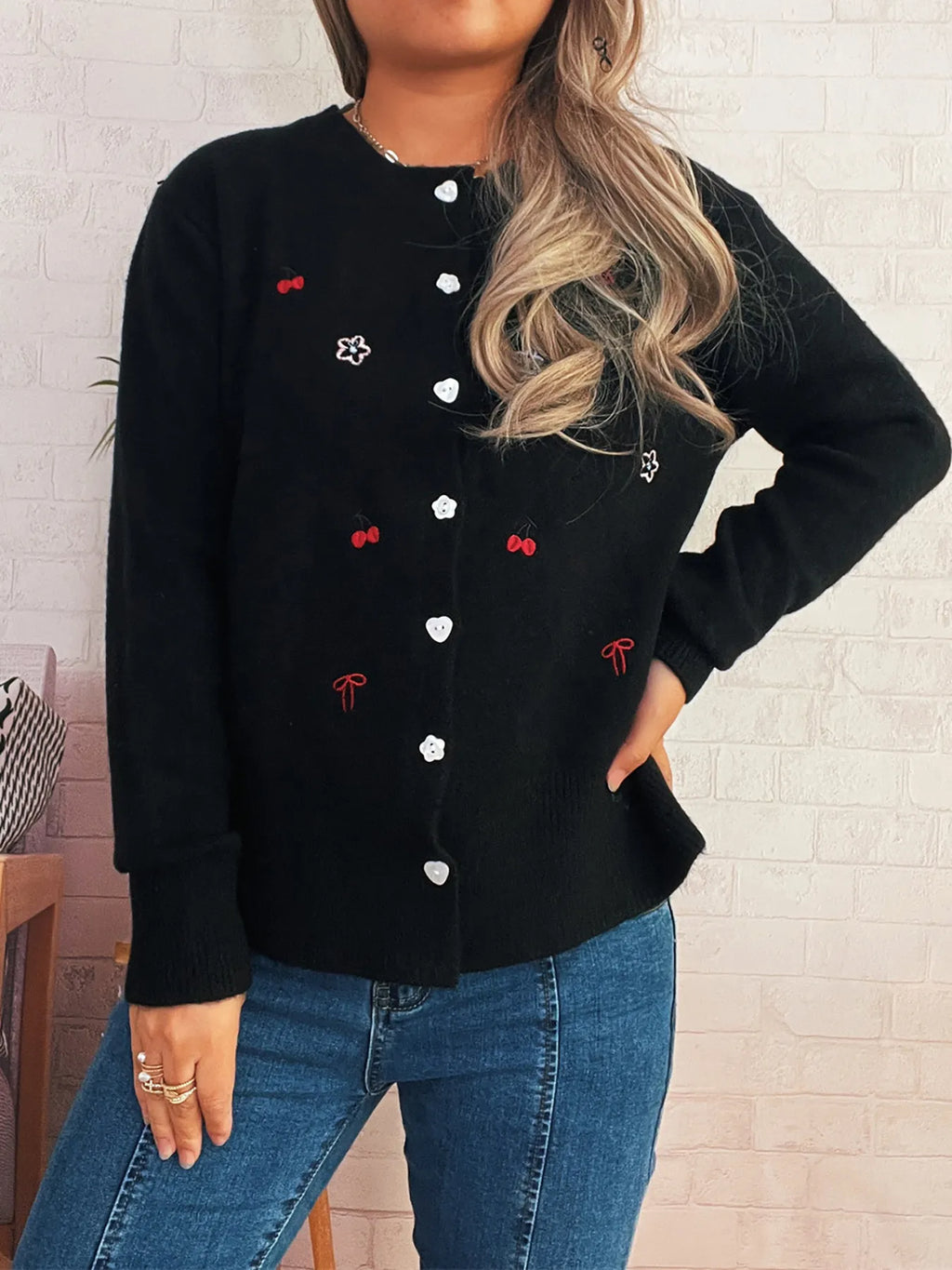 Women's Cardigan Ribbed Button-Front Knit Embroidered Long Sleeve Black One Size ec69d3f472334e7fa843967f79ba5ee8-Max-Origin Trendsi