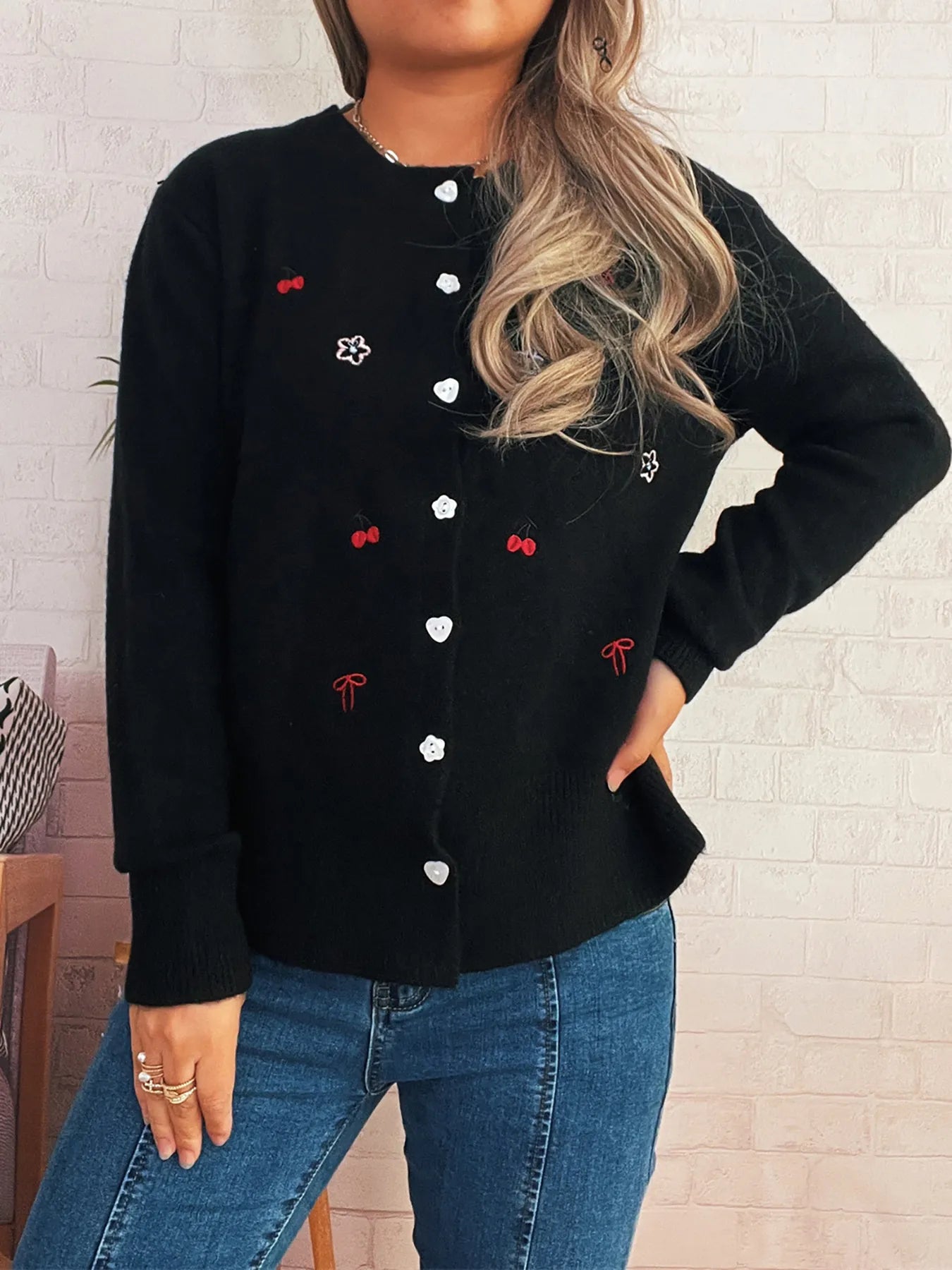 Women's Cardigan Ribbed Button-Front Knit Embroidered Long Sleeve Black One Size ec69d3f472334e7fa843967f79ba5ee8-Max-Origin Trendsi
