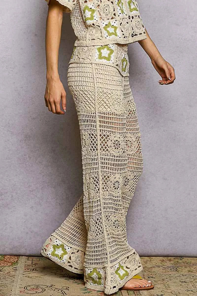 POL Openwork Crochet Flare Pants with Contrast Star