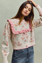 SO ME Womens Sweater Cardigan Beige Pink Flower With Ruffle Detailing ec7006a8bec7478fb9433e7fd2921aeb-Max-Origin Trendsi