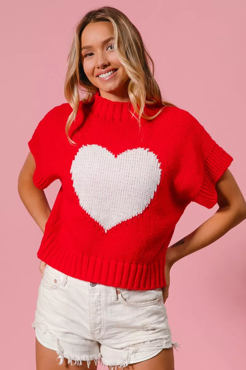 BiBi Valentines Sweater Red Rib Top White Banded Heart Pattern RED IVORY ec7e08499cab4483af187439102a56e0-Max-Origin Trendsi
