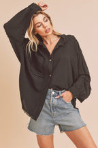 Aemi+Co Shirt Women's Raw Edge Exposed Seam Long Sleeve Cotton Black Blouse Black ec81b7d7-6ed6-43f7-8b02-05451633fc08-Max Trendsi