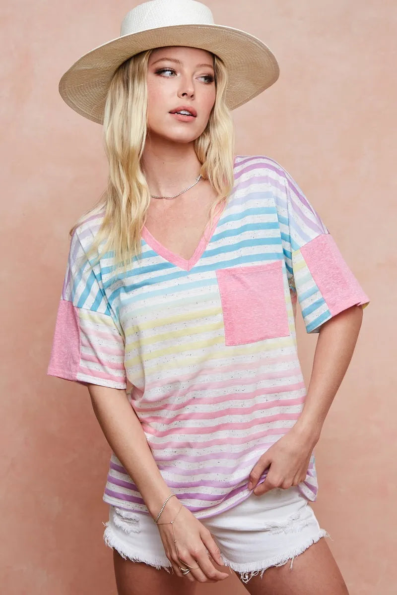 BiBi Cotton T-shirt Rainbow Stripe Printed Triblend Knit Short Sleeve Top RAINBOW STRIPE ec93900054704adeb1fd70a55806aa29-Max-Origin Trendsi