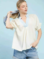 Umgee Blouse Cream Textured V-Neck Top with Lace Trim Details CREAM ec9e6345-9330-4eb1-8f70-2d2ce722efab-Max-Origin Trendsi