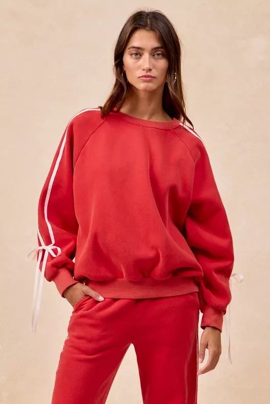 BiBi Womens Fleece Sweatshirt Red Side Lined Bow Details Top eca130193abc441fb42e0d84cf11df08-Max-Origin Trendsi