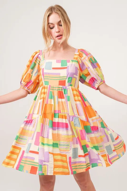 And The Why Mini Dress Geo Yellow Colorful Printed Square Neck Puff Sleeve ecab4ff810444f7fa5abf7cd0c4d523d-Max-Origin Trendsi