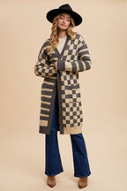 Women's Cardigan Annie Wear Dark Gray Checkered & Striped Open Long Sleeve ecb36329-926a-4070-8f59-4ef5f387a308-Max Trendsi