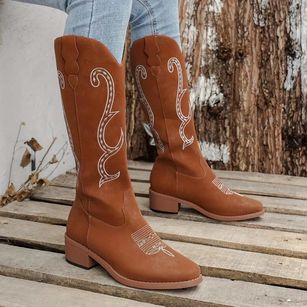 Women's Boots Matte Pu Leather Western Embroidered Round Toe Block Mid Heels ecb4cc0ba1fe4854876a3156d5eded6c-Max-Origin Trendsi