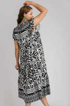Umgee Midi Dress Floral Black Two Tone Border Print Ruffle Cap Short Sleeve ecb805db-949f-4c25-ba59-6c35d1eceab0-Max Trendsi