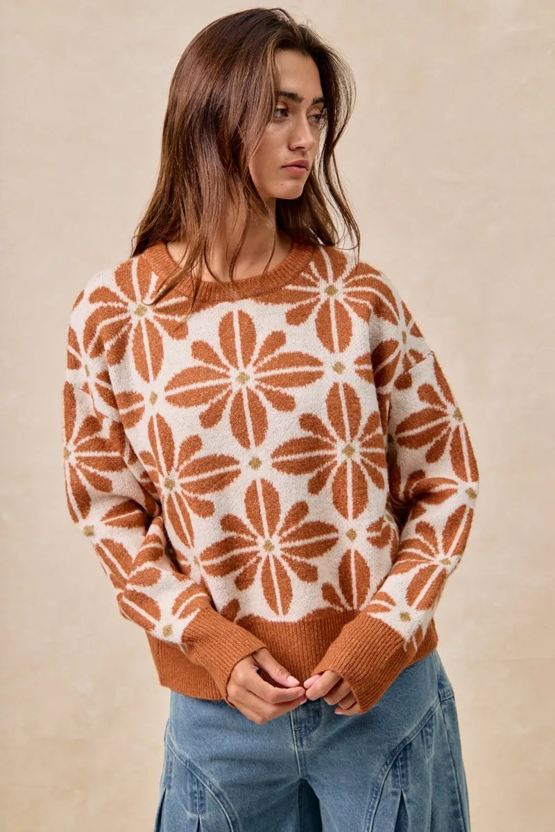 BiBi Sweater Women's Flower Pattern Rust Ivory Long Sleeve Knit Pullover ecb8304b474d45a09614aa6281b82671-Max-Origin Trendsi