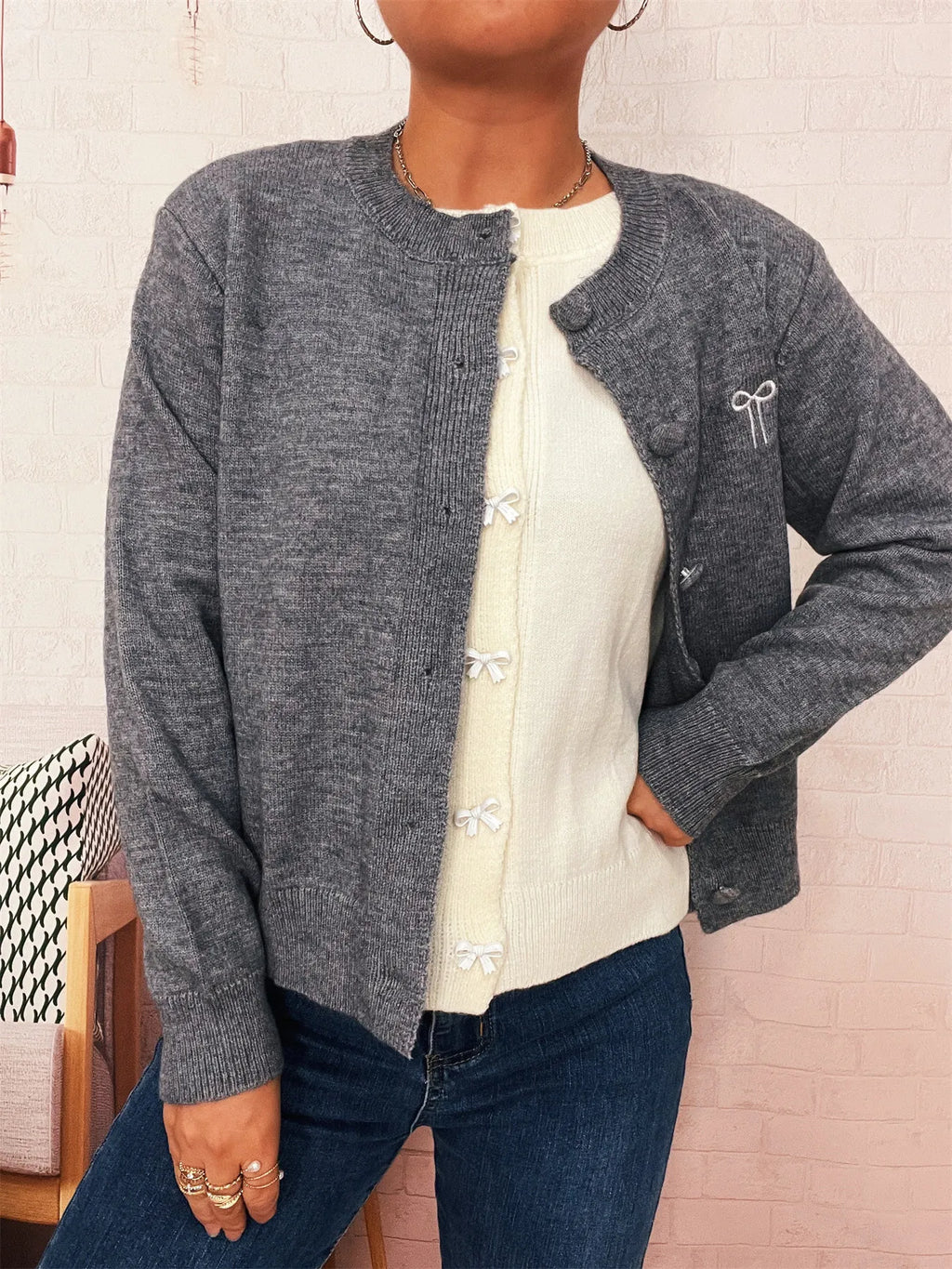 Women's Cardigan Button-Up Long Sleeve Embroidered Knit Dark Gray One Size ecbd1dceb4a14ab4b02e75fc0ea802fa-Max-Origin Trendsi