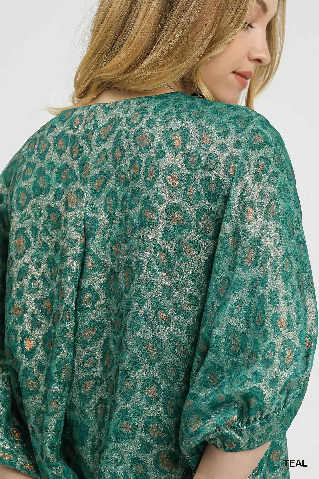 Umgee Kimono Dress Metallic Teal Leopard Print Brown V-Neck Oversized ecc81c26-dcfc-4978-9df7-9bc4cb83c1c3-Max-Origin Trendsi
