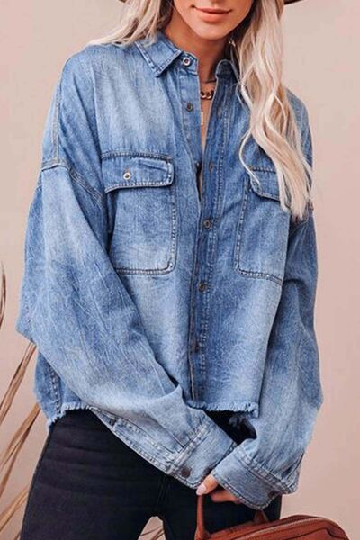 Denim Shirt Women's Raw Hem Long Sleeve Front Patch Pockets Top ecd40e14-740a-468f-8a1d-fea49b581309-Min Trendsi