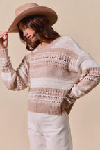 SO ME Womens Sweater Taupe Variegated Stripe Openwor Textured Loose Fit ecd7369dc4164e0797c66f5209ec4ea6-Max-Origin Trendsi