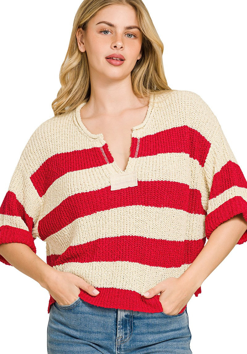 Zenana Split Neck Striped Sweater Top
