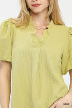 Umgee Blouse Sage Green Seersucker Puff Sleeve Short Sleeve Top ecdb6c6a-c3d1-4802-bb5c-1ce41fe8b04f-Max-Origin Trendsi