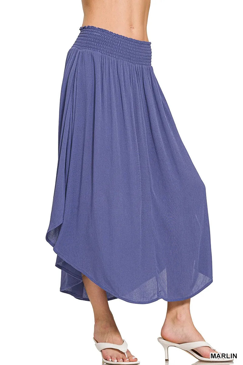 Zenana Midi Skirt Blue High-Low Woven Crinkle Smocked Waist With Pockets MARLIN ece2203085e34414a262a96634691c09-Max-Origin Trendsi