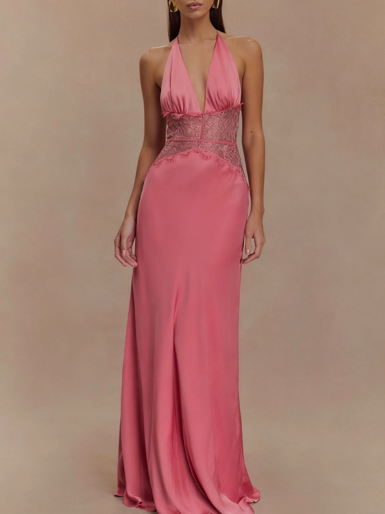 Halter Neck Maxi Dress with Lace Trim