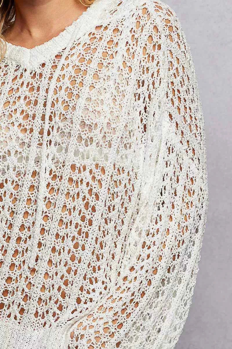 POL Openwork Round Neck High Low Knit Top