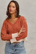 SO ME Cropped Sweater Rust Contrast Chenille Cable Knit V Neck Top ecf6e65c0cc24d088d994e78e0424f96-Max-Origin Trendsi
