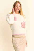Women Sweater Davi & Dani Flower Patch Fuzzy Mock Neck Ivory Knitwear ecf780d3-f369-479d-b1df-506fe874480f-Max Trendsi