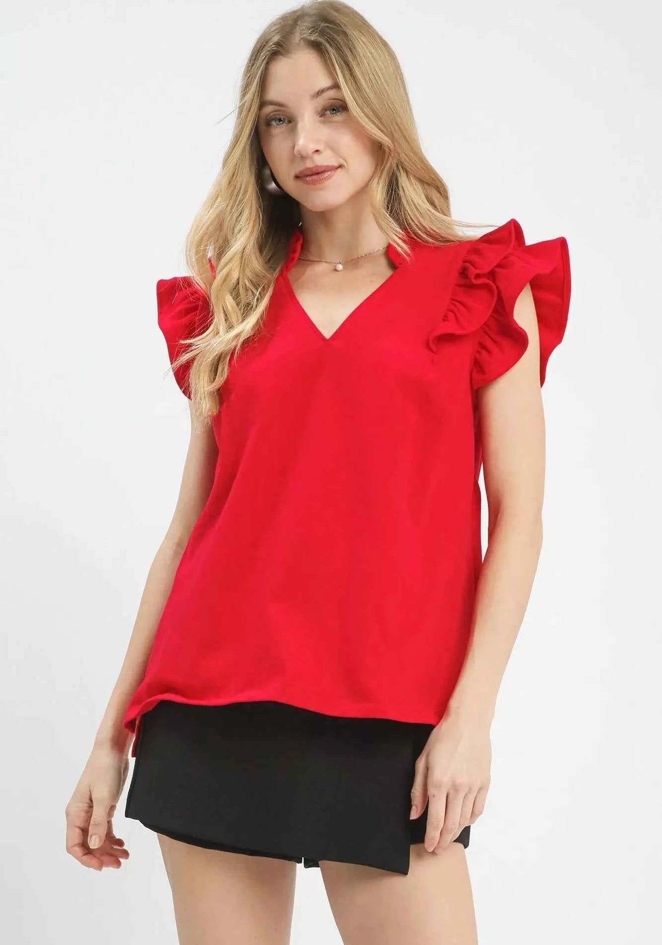 Umgee Blouse Ruffle Short Sleeve Cherry Red V-Neck Top CHERRY ecf79b21-d411-47bd-b7d0-62bbc5d5ea7b-Max-Origin Trendsi