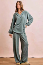 BiBi Outfit Set Dark Sage Cord Rib Contrast Stitching V-Neck Top and Pants ecfd010e4e0847deb005cf5a47db4d48-Max-Origin Trendsi