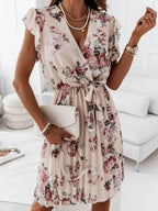 Floral Ruffle Dress Surplice Ruffled Cap Short Sleeve Tied Waist Apricot ecff18d3-e845-4958-8b98-14387ff23efa-Max-Origin Trendsi