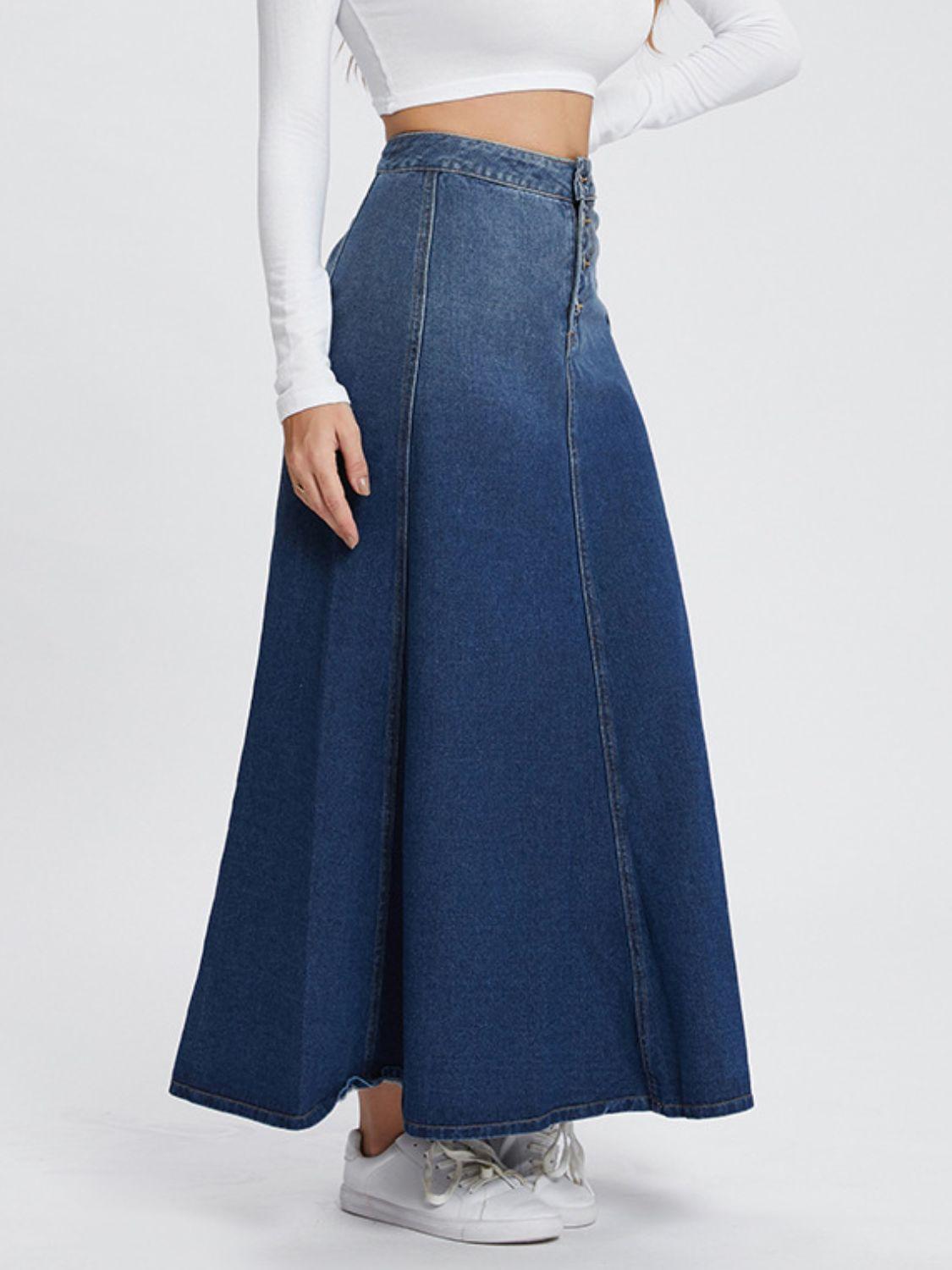 Midi Denim Skirt Button-Fly Hight Rise Flared A-Line