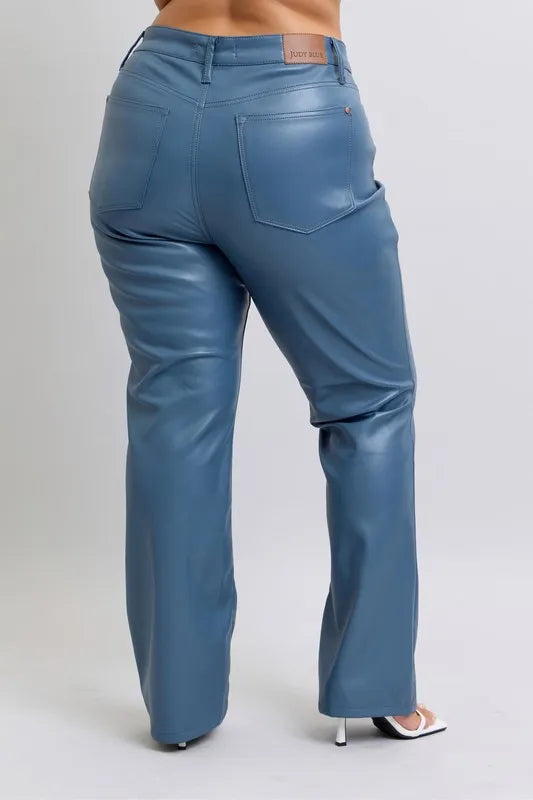 Judy Blue Faux Leather Blue Bootcut Pants High Waist Tummy Control ed13a4e0-c16a-49f1-ba24-4d07a01905c2-Max-Origin Trendsi